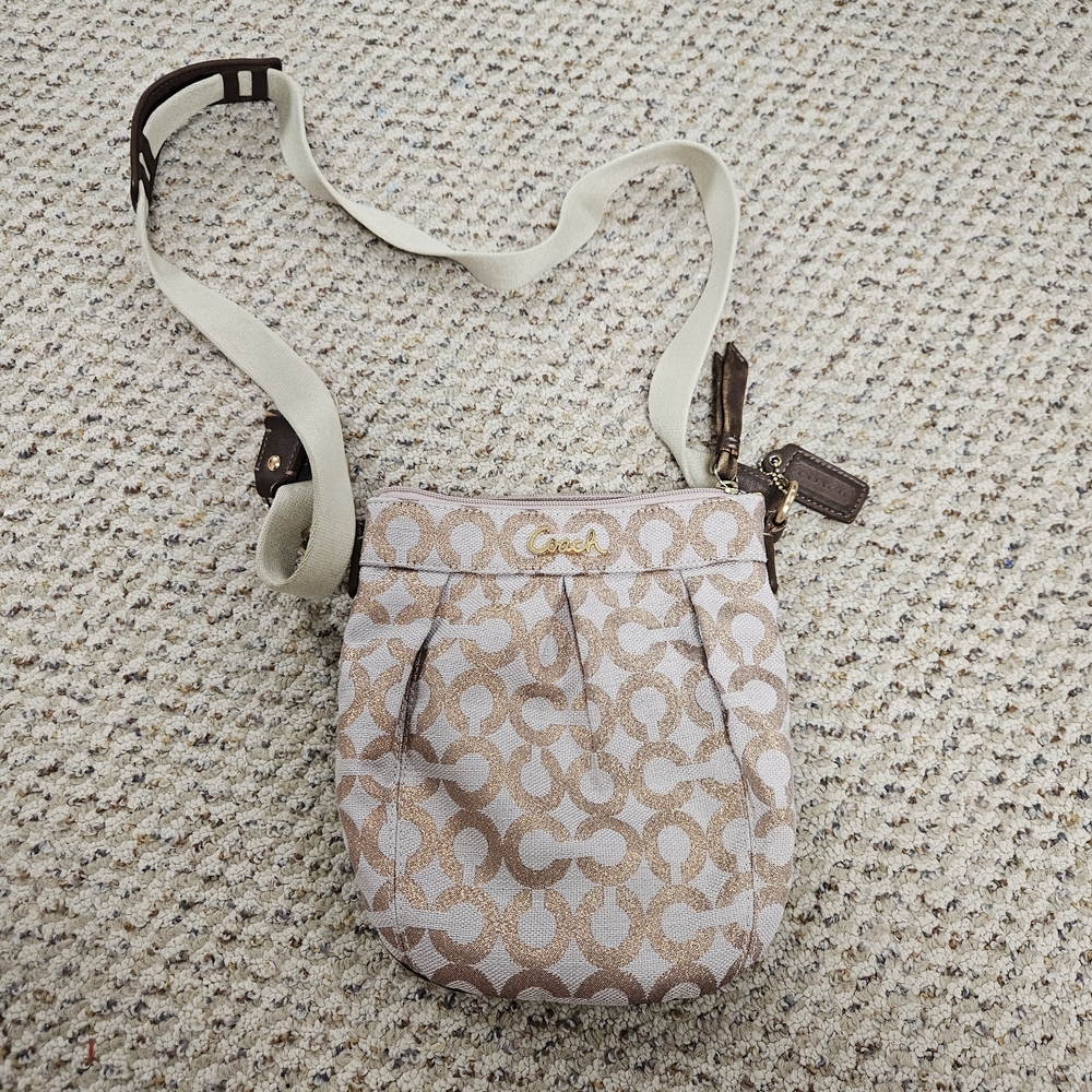 Coach Op Art Canvas Crossbody Shouder Swing Bag Rose Gold Small Purse Metalic